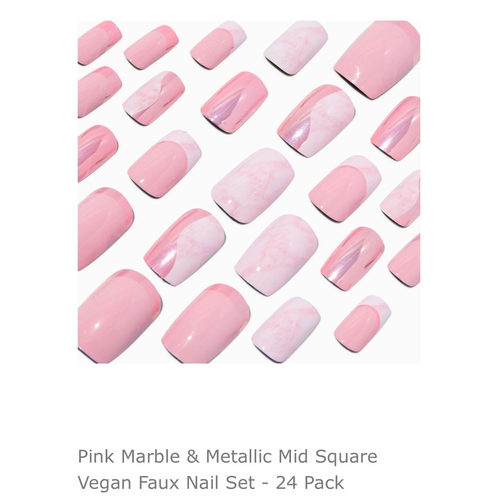 Claire's Pink Marble Metallic‎ Mid Square Vegan Faux Nail Set 24 Pack